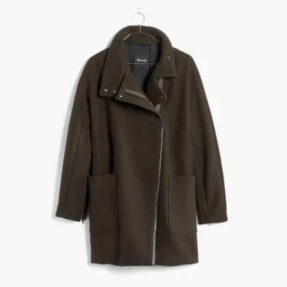 Madewell City Grid Olive Green Wool Coat with Leather Trim (Size 4/M)